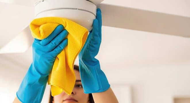 Gloved hands carefully dusting a ceiling fan during a Home Reset cleaning visit